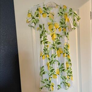 LOFT White and Yellow Lemon Print Mini Dress